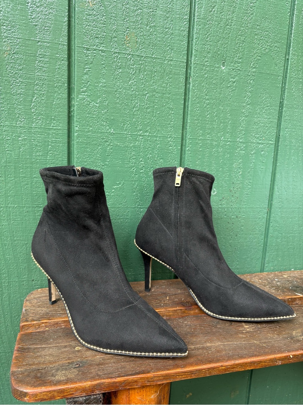 Coach Black Suede Pointed-Toe Ankle Booties with Gold Trim